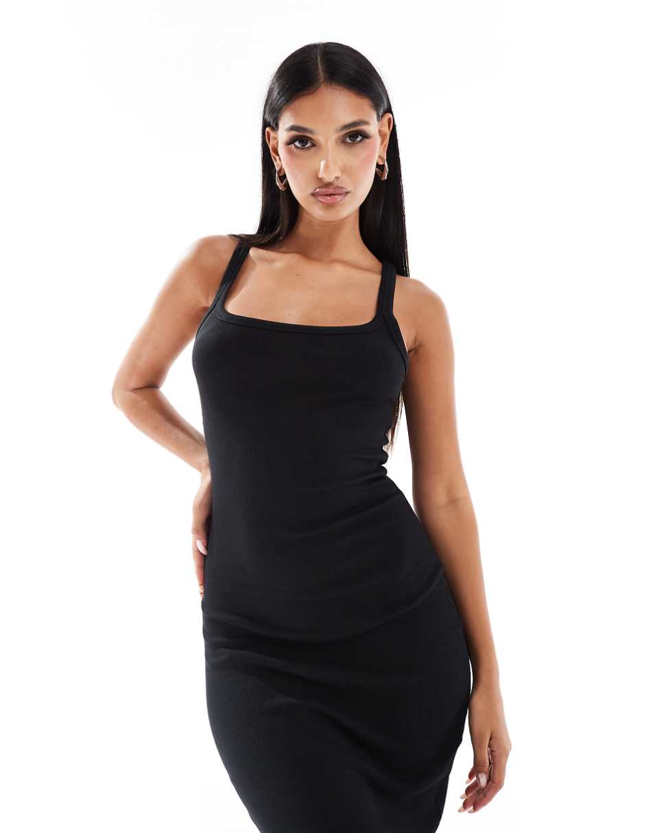 ASOS DESIGN ribbed strappy square neck midaxi dress in black