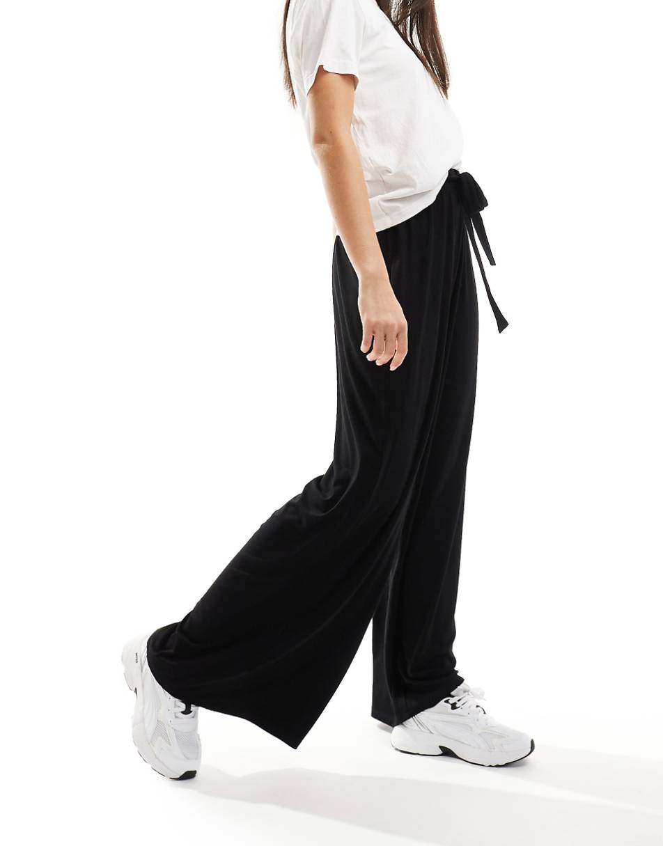 ASOS DESIGN tie belt wide leg pants in black