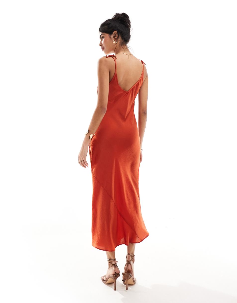 ASOS DESIGN satin v neck midi slip dress in terracotta