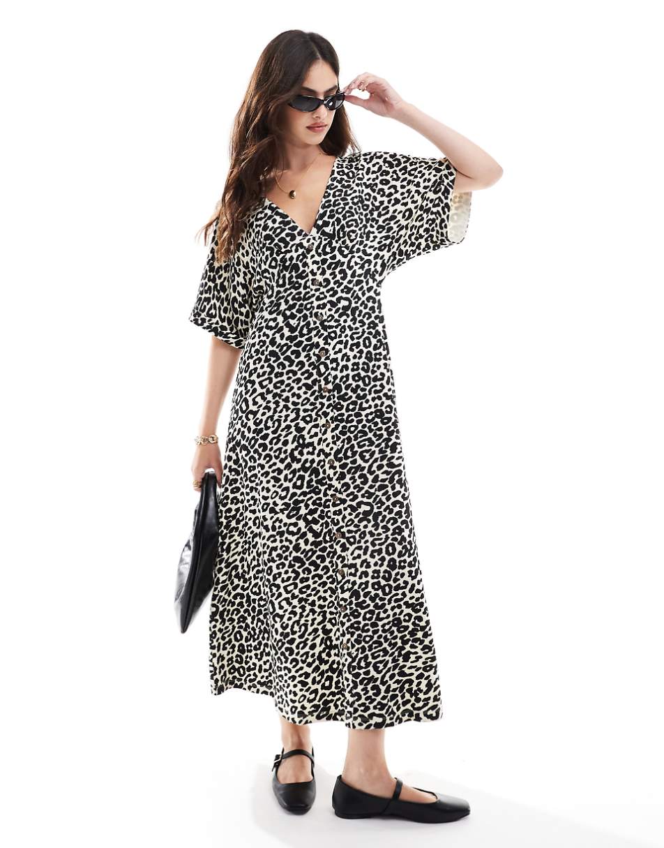 ASOS DESIGN roll sleeve button front midi tea dress in animal print
