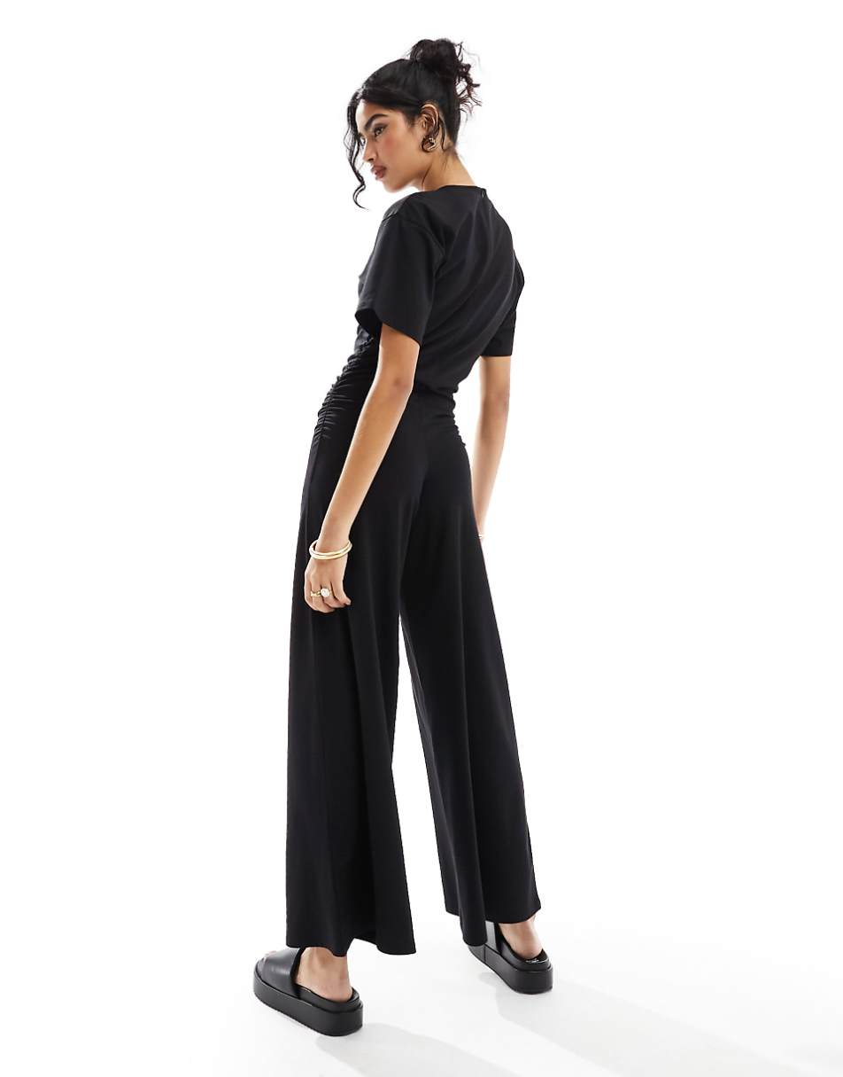ASOS DESIGN ruched side jumpsuit with wide leg in black