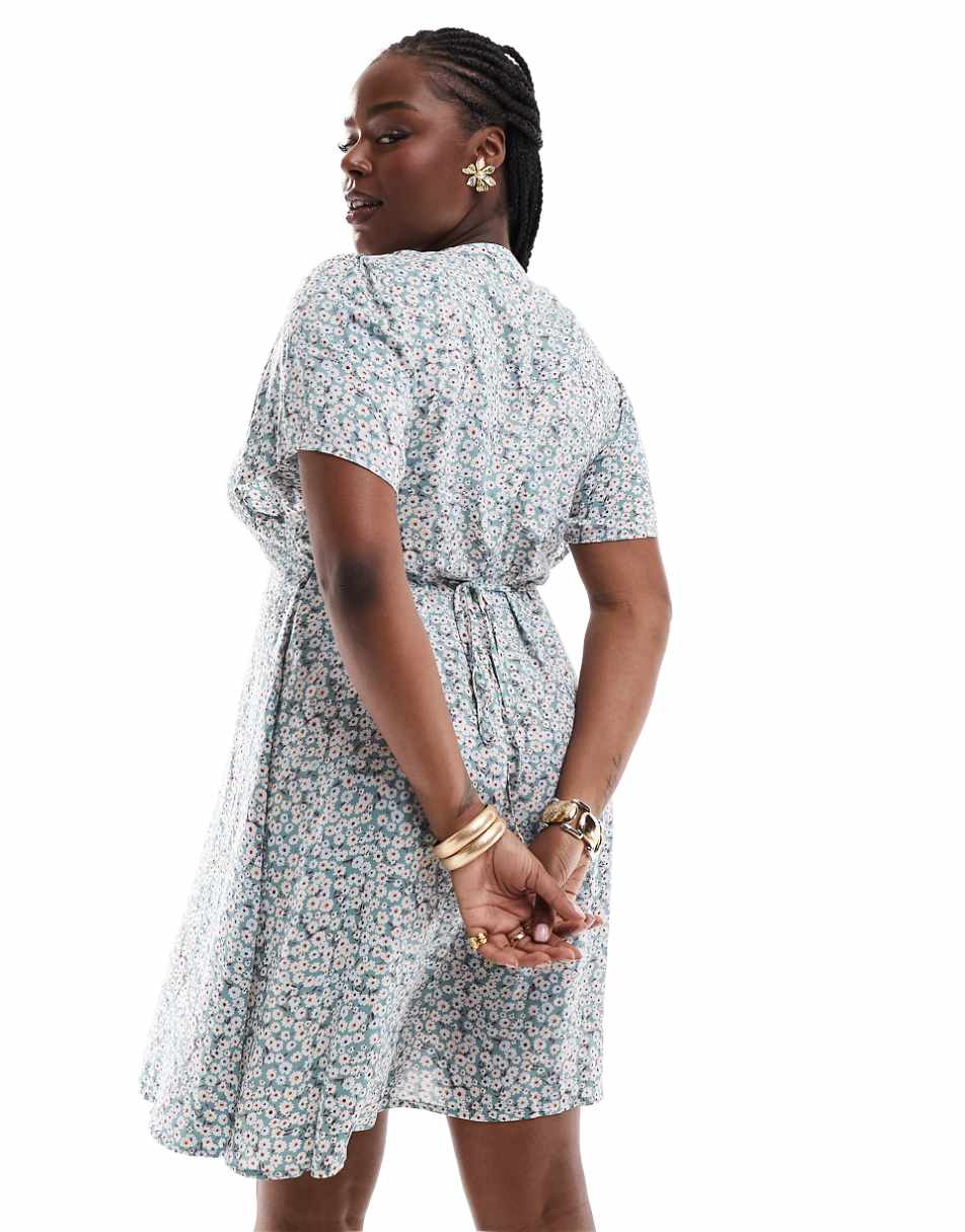 ONLY Curve v neck tie waist mini dress in sage floral