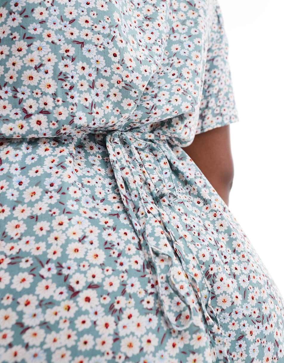 ONLY Curve v neck tie waist mini dress in sage floral