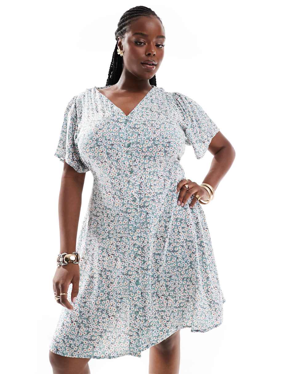 ONLY Curve v neck tie waist mini dress in sage floral