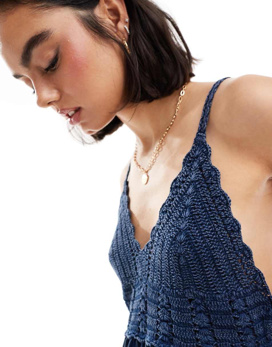 ASOS DESIGN strappy V-neck crochet mini skater dress in washed indigo blue