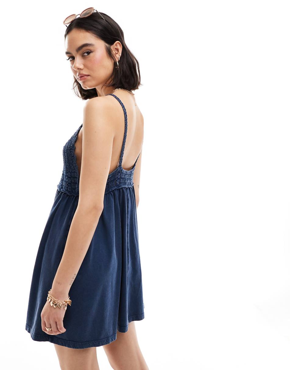 ASOS DESIGN strappy V-neck crochet mini skater dress in washed indigo blue