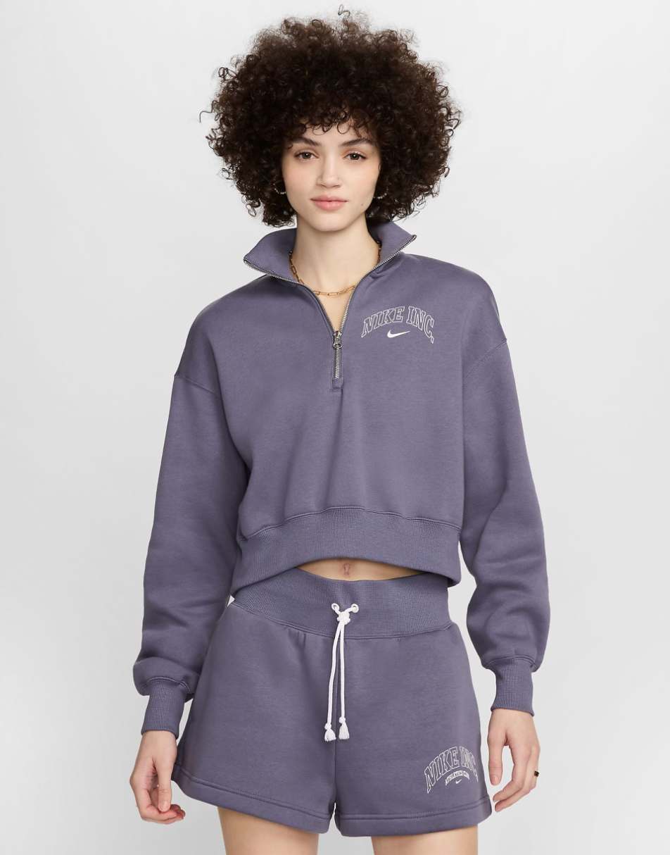 Nike Phoenix fleece sportswear logo cropped quarter zip in purple