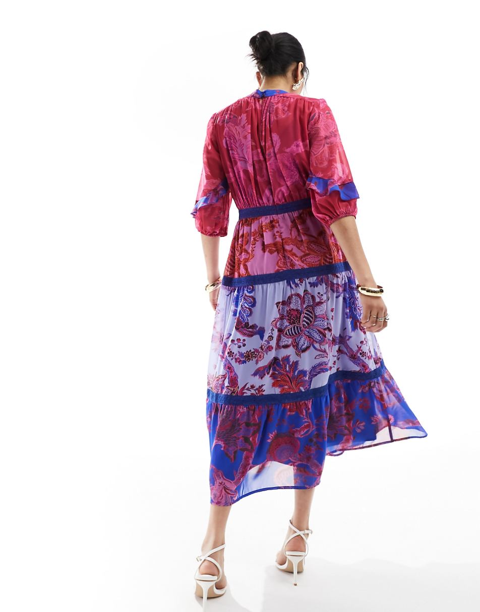 Hope & Ivy balloon sleeve midi dress in color block floral print