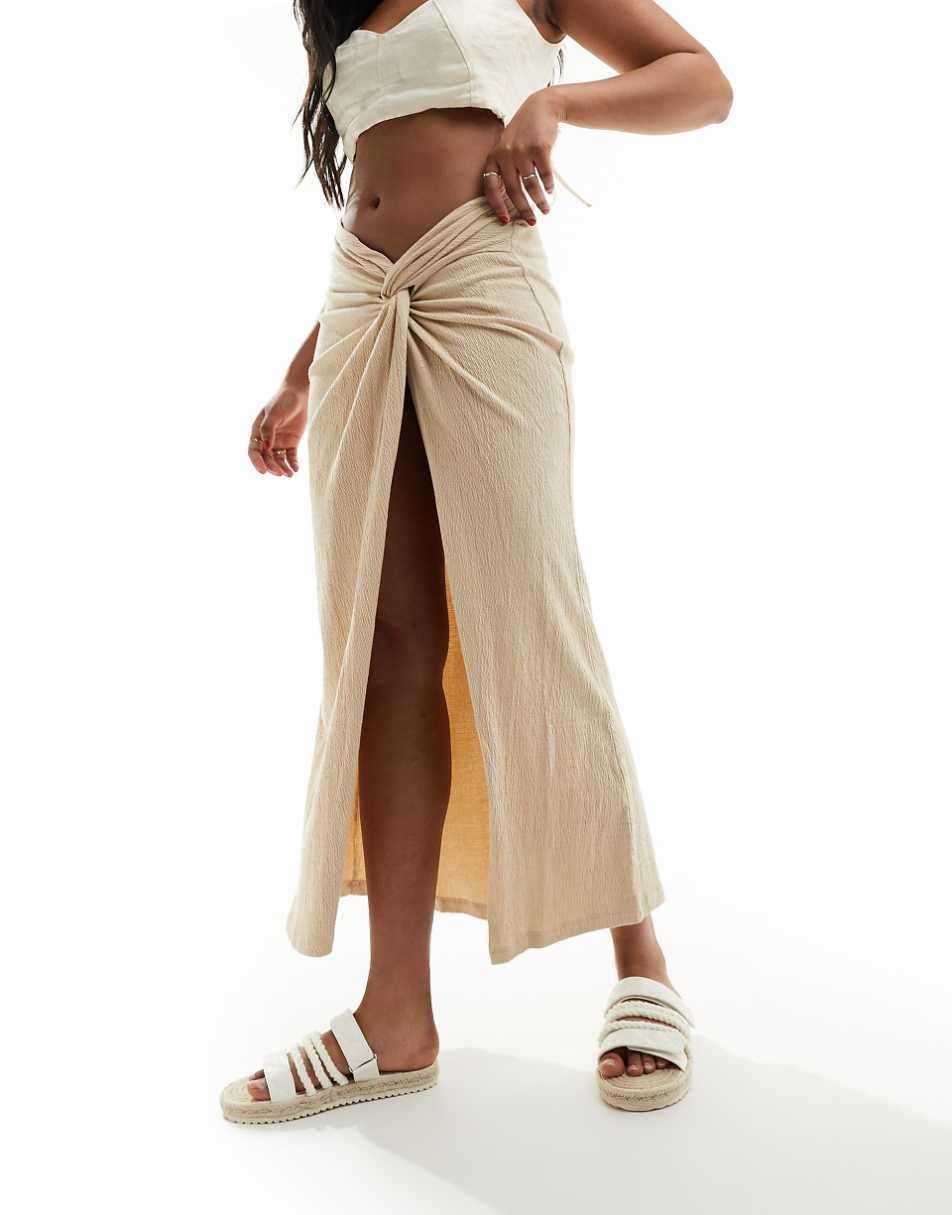 ASOS DESIGN textured sarong twist waist midi skirt in stone