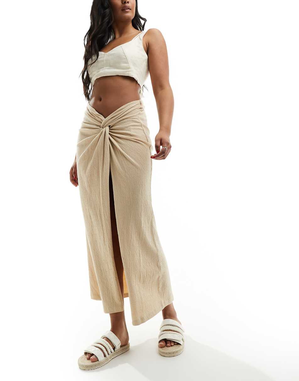 ASOS DESIGN textured sarong twist waist midi skirt in stone
