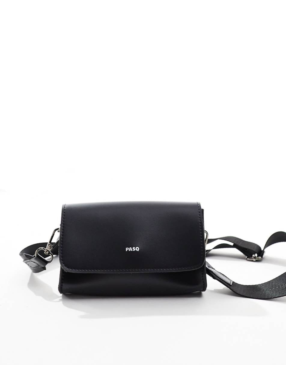 PASQ rectangular flap top cross body bag in black