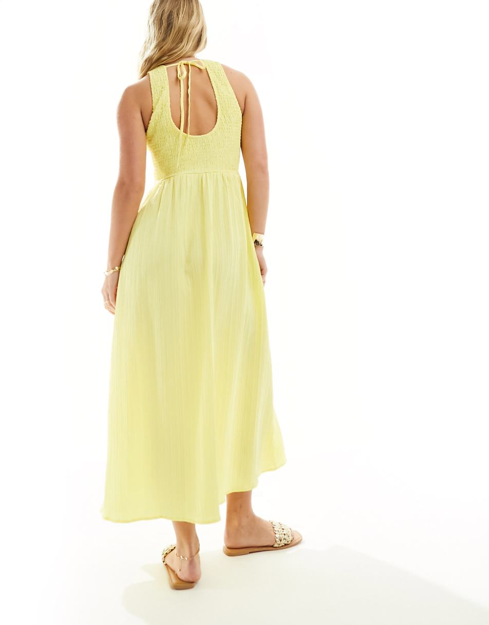 ASOS DESIGN racer crinkle midi sundress with scoop back in pale lemon