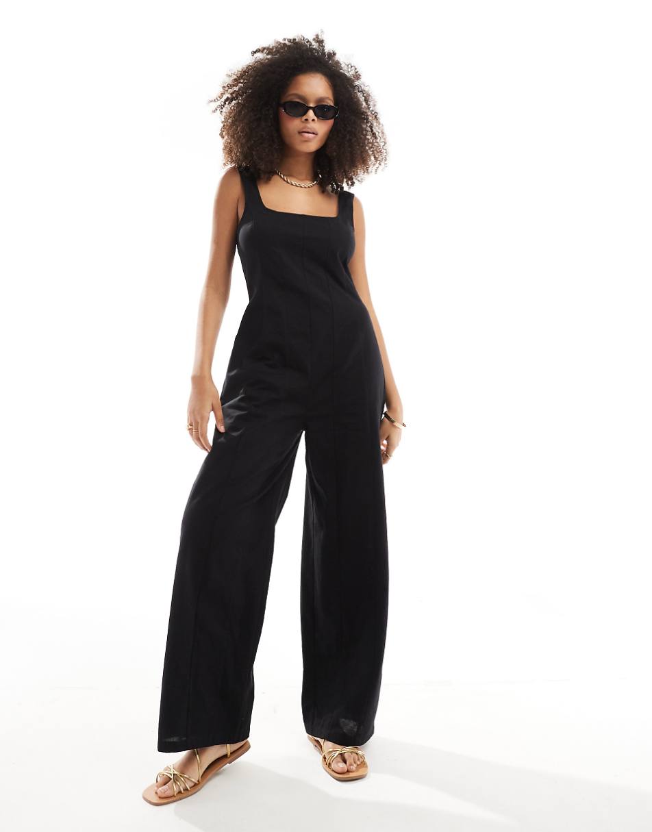 ASOS DESIGN square neck seamed tennis jumpsuit in black