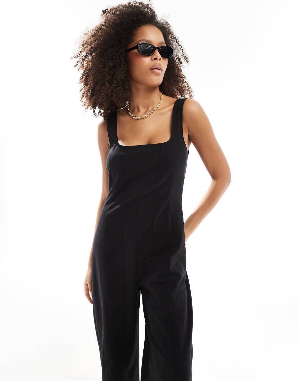 ASOS DESIGN square neck seamed tennis jumpsuit in black
