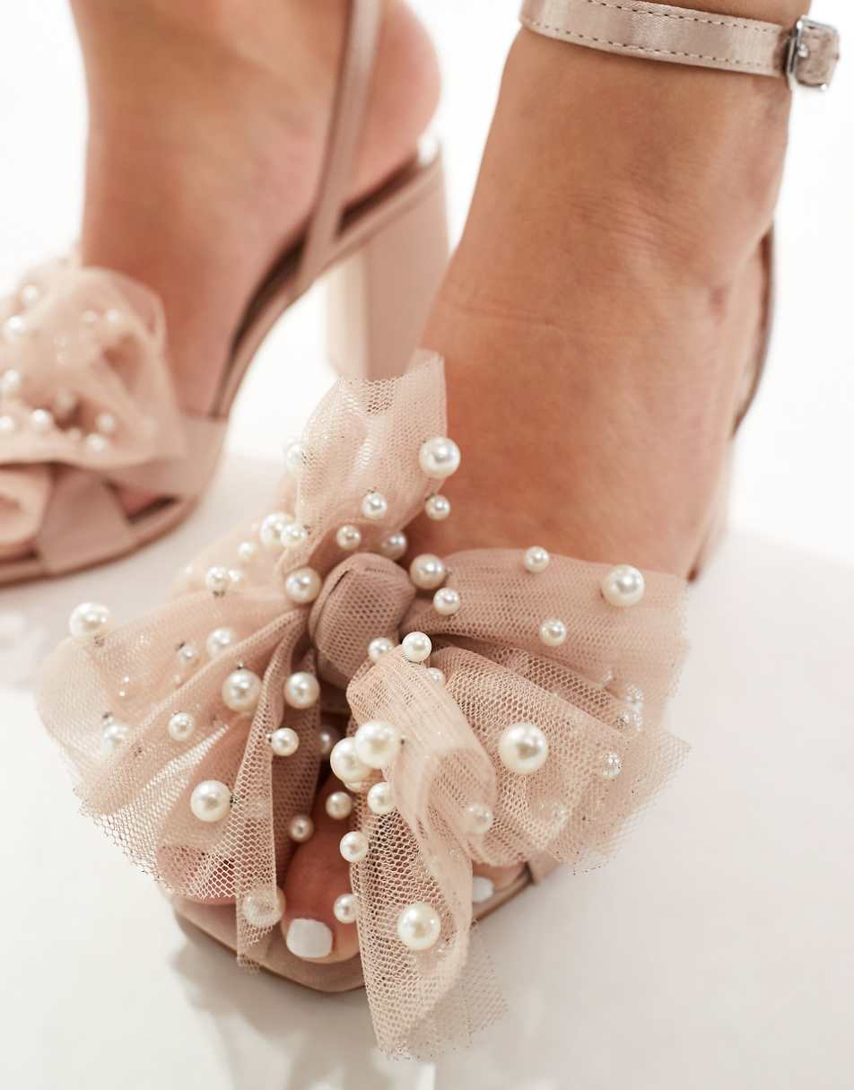 Be Mine Wide Fit Bridal Issa tulle pearl bow block heel sandals in blush