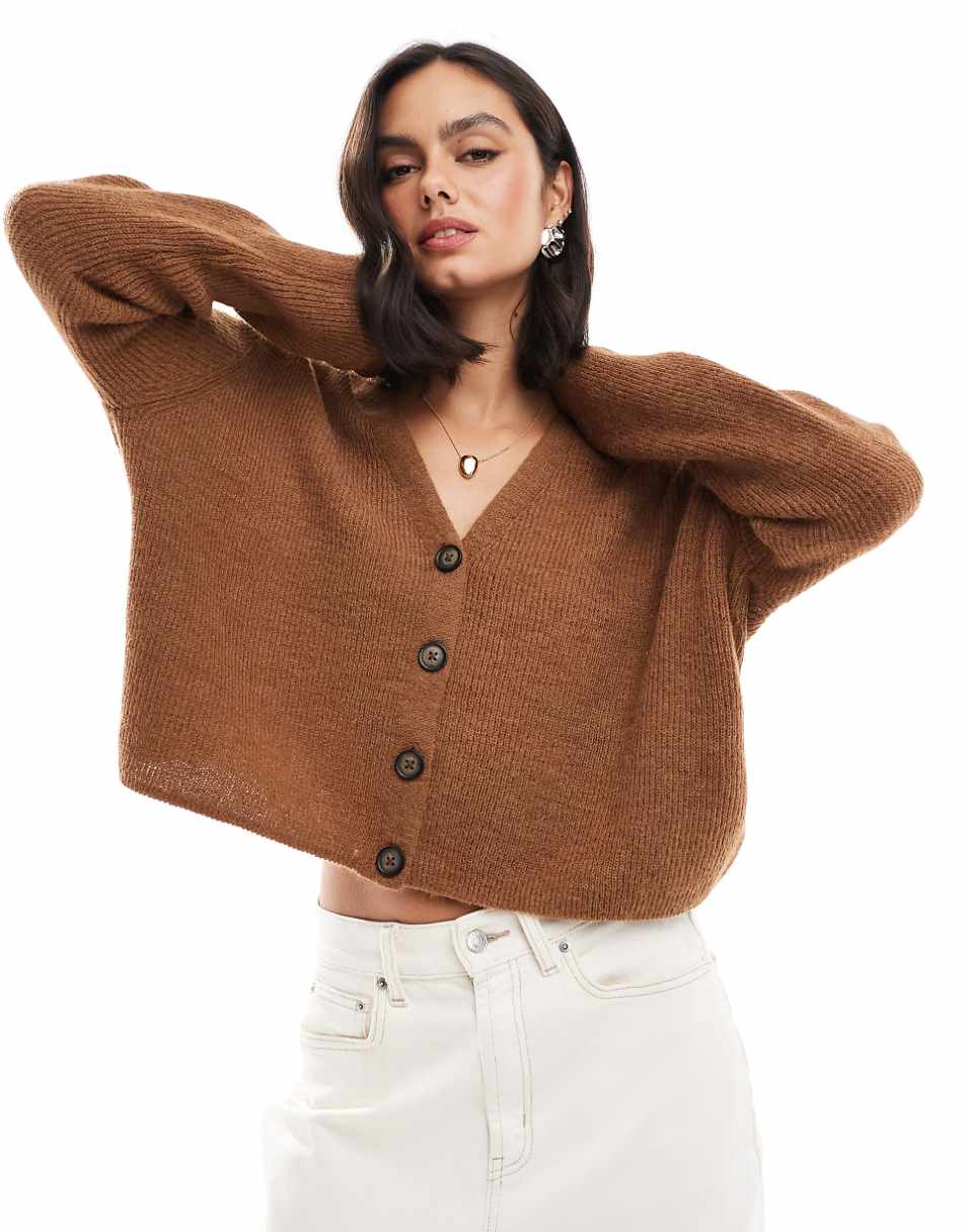 ASOS DESIGN v neck cardigan in loose knit in brown