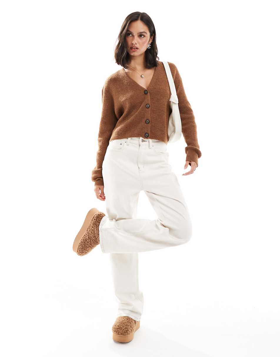 ASOS DESIGN v neck cardigan in loose knit in brown