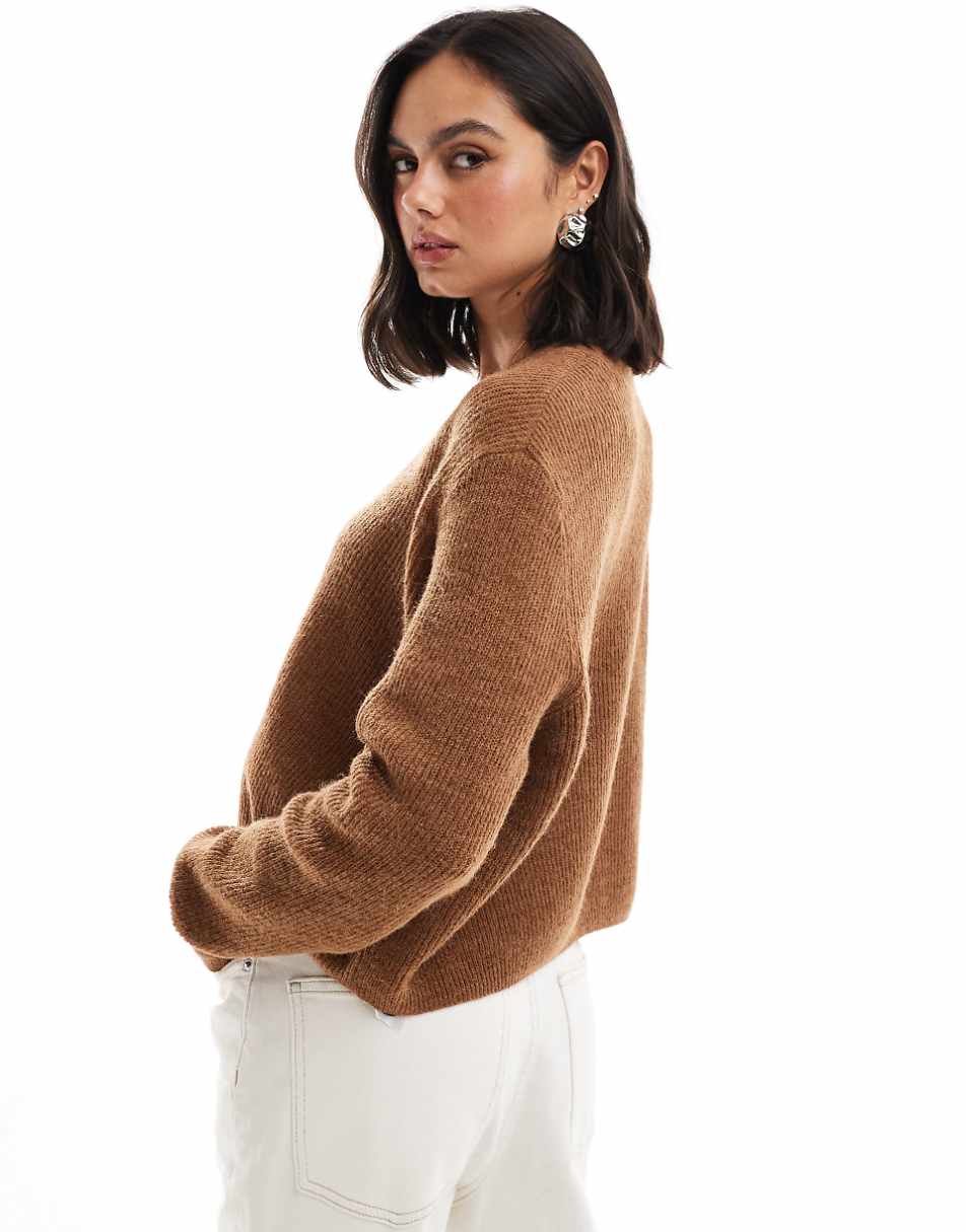 ASOS DESIGN v neck cardigan in loose knit in brown