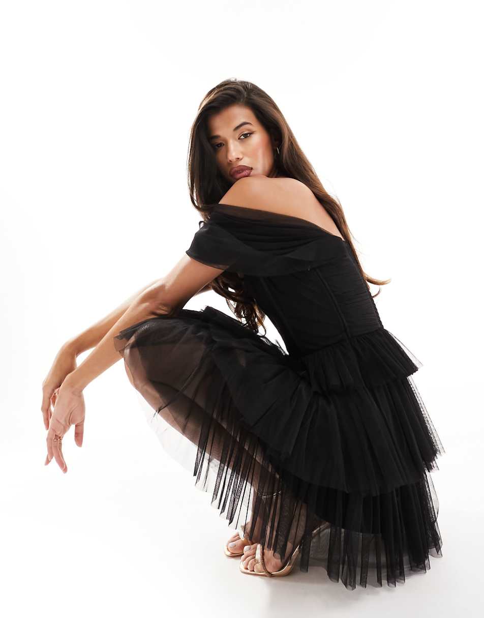 Lace & Beads off-shoulder corset tulle mini dress in black
