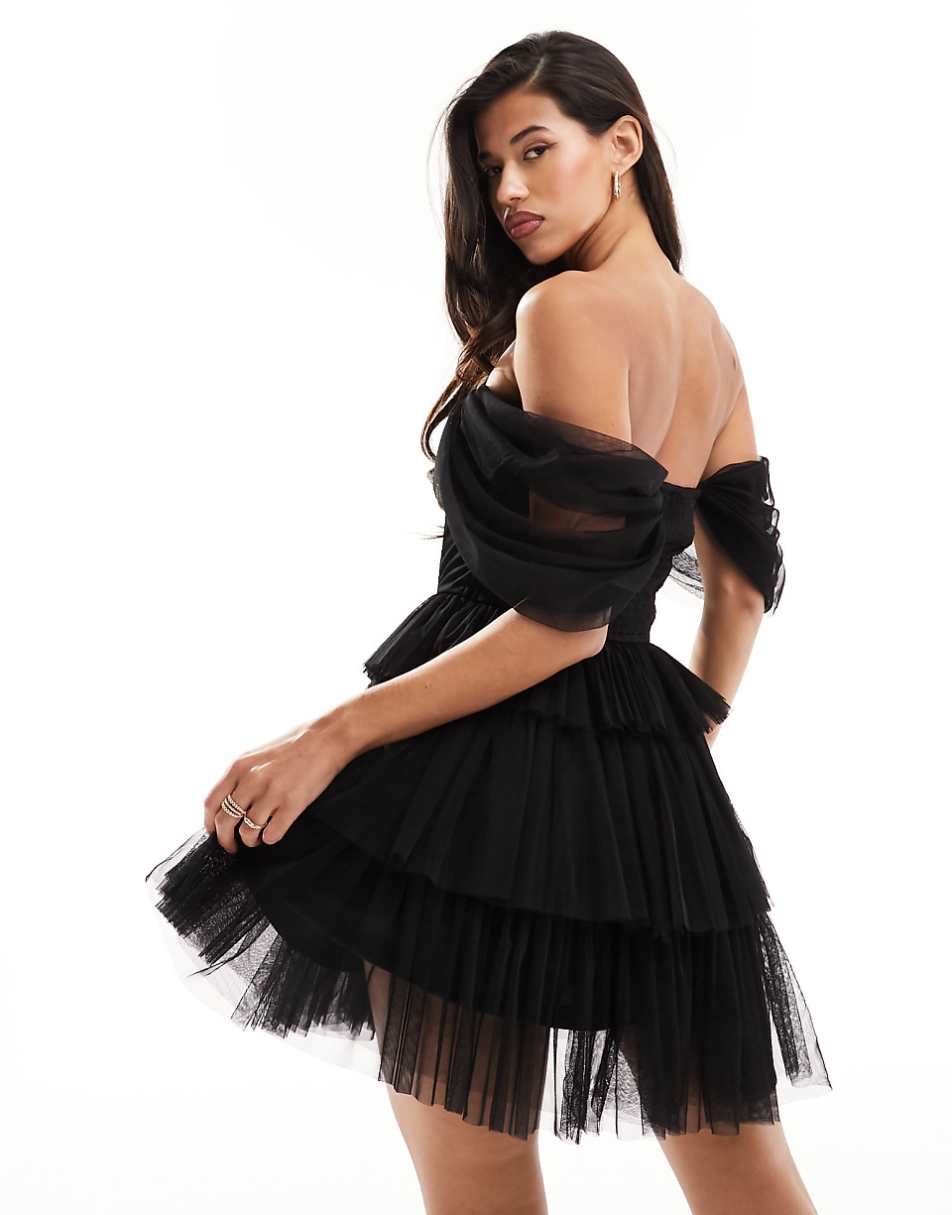 Lace & Beads off-shoulder corset tulle mini dress in black