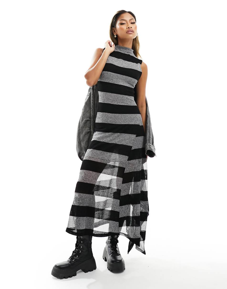 ASOS DESIGN textured sleeveless turtle neck midi dress with sheer hanky hem in gray & black stripe