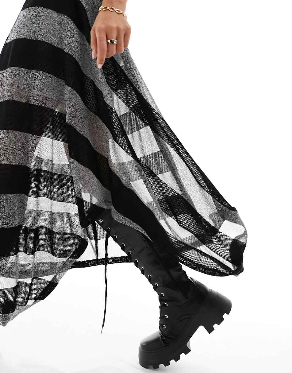 ASOS DESIGN textured sleeveless turtle neck midi dress with sheer hanky hem in gray & black stripe