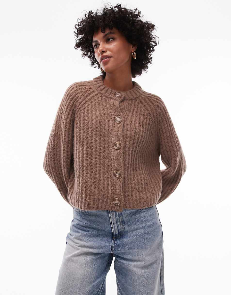 Topshop knit chunky crew neck cardigan in brown