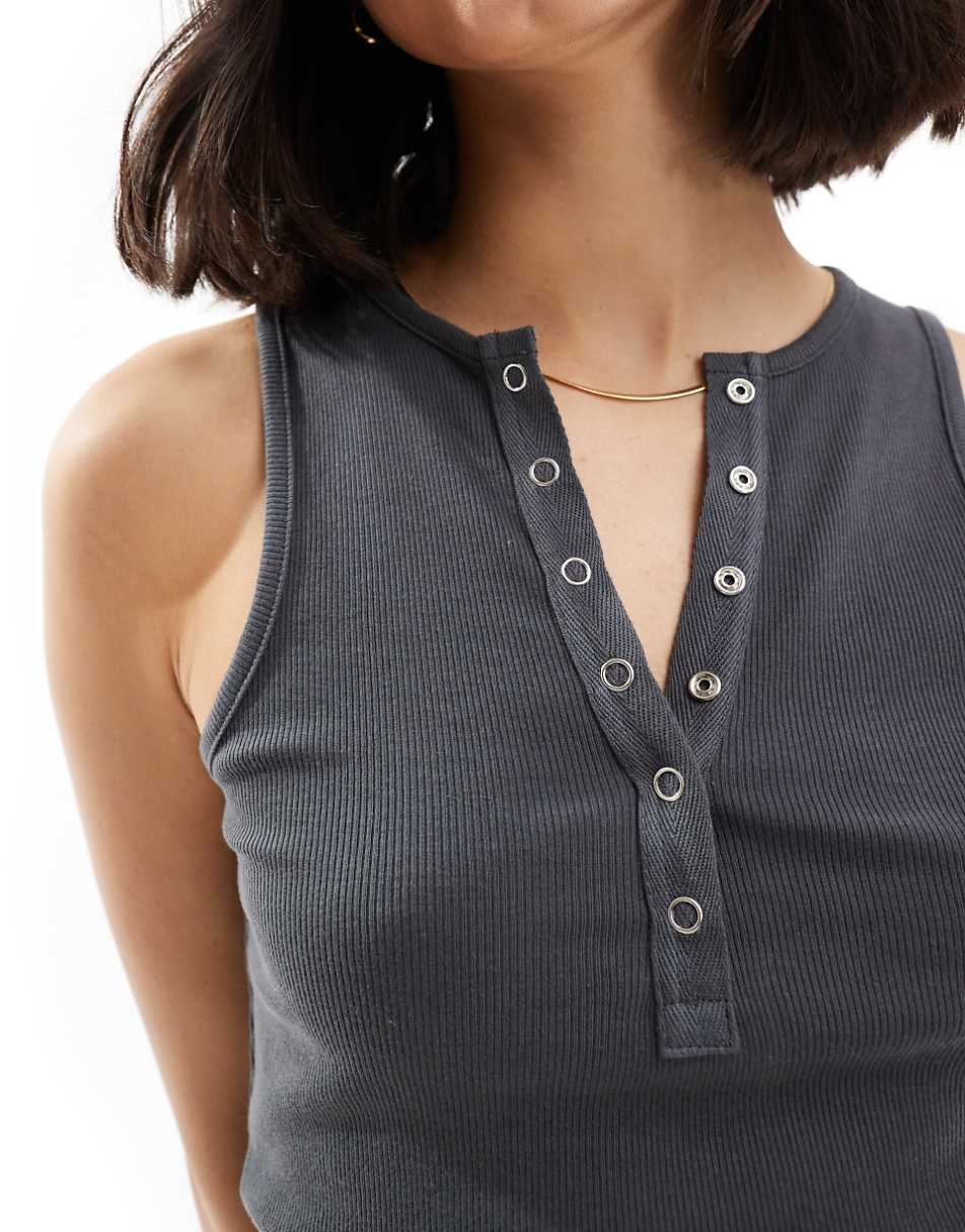 Miss Selfridge sleeveless snap top in charcoal