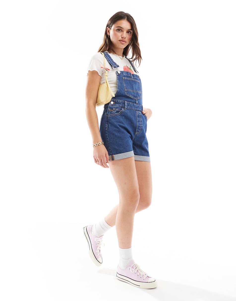 Miss Selfridge overall denim shorts in mid blue wash
