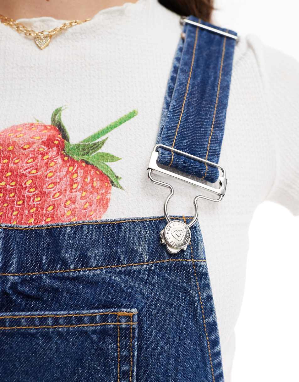Miss Selfridge overall denim shorts in mid blue wash