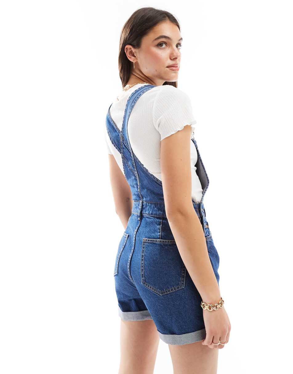Miss Selfridge overall denim shorts in mid blue wash
