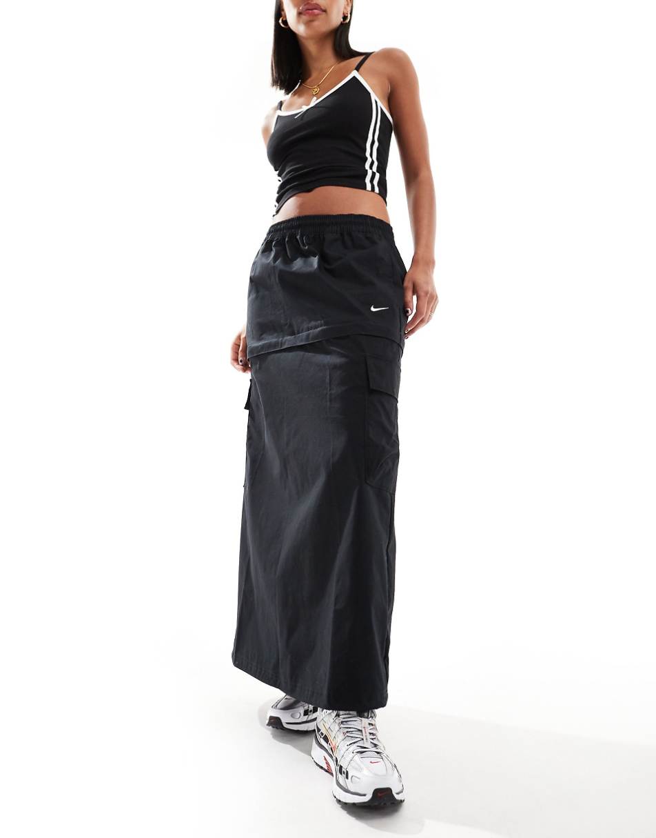 Nike Woven 2 n 1 maxi and mini skirt with zip detail in black
