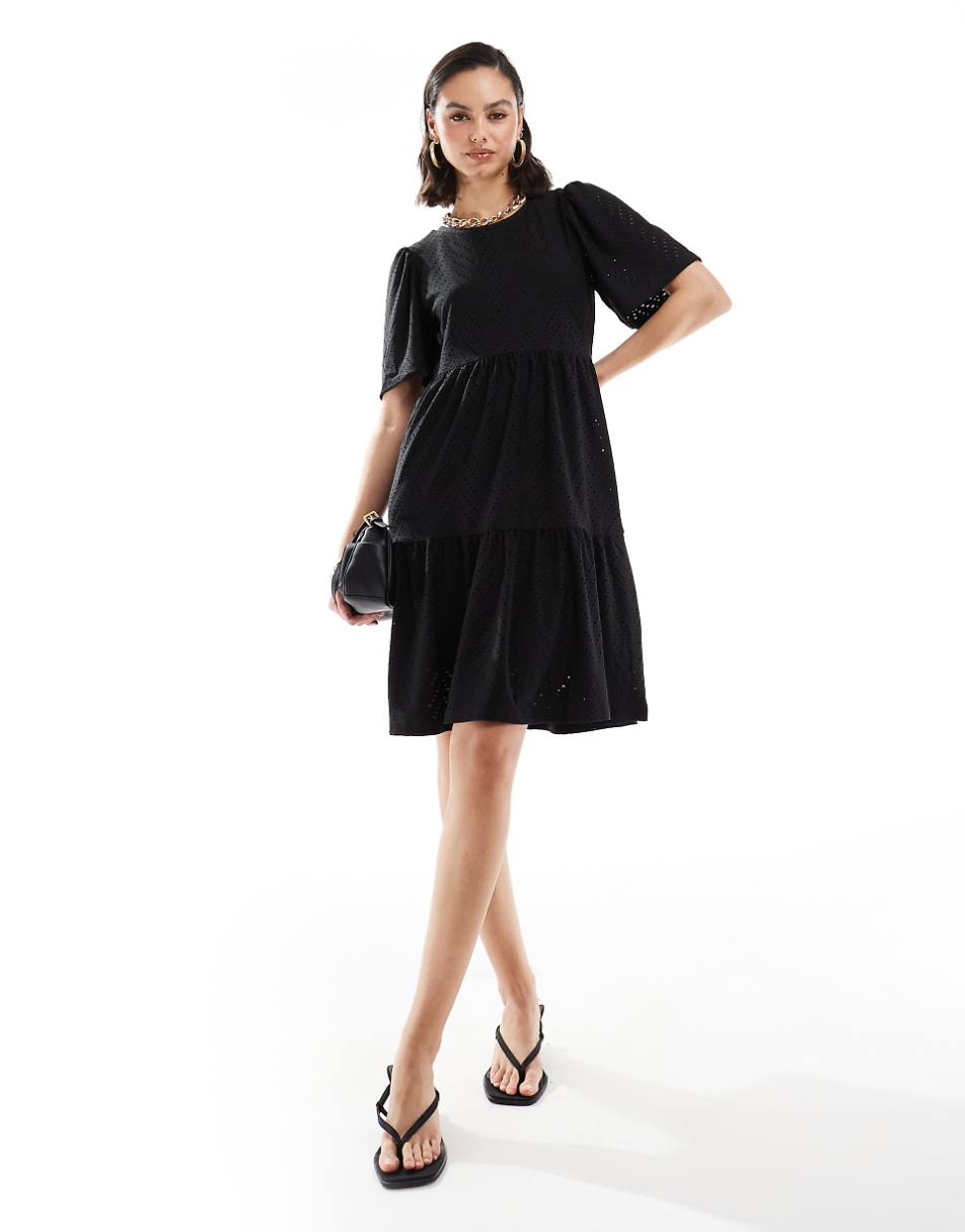 JDY tiered eyelet midi dress in black