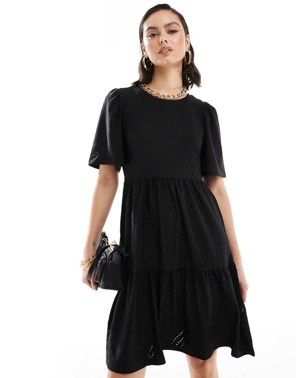 JDY tiered eyelet midi dress in black