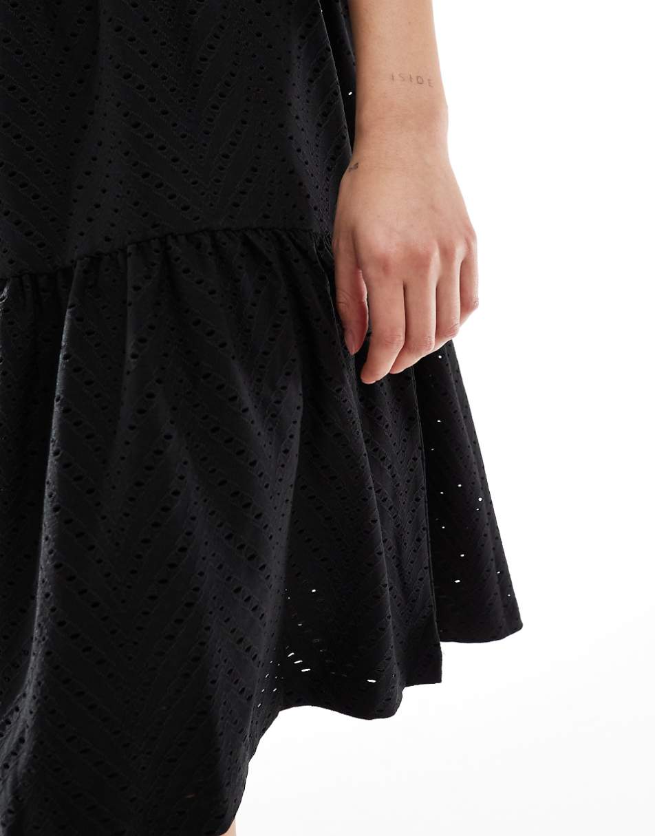 JDY tiered eyelet midi dress in black