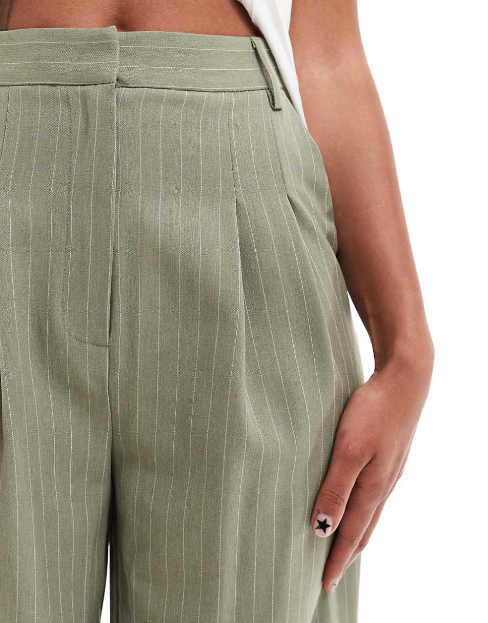 Miss Selfridge wide leg tailored pants in khaki pinstripe