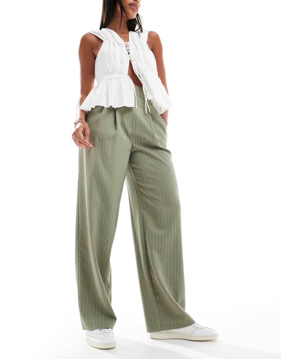 Miss Selfridge wide leg tailored pants in khaki pinstripe