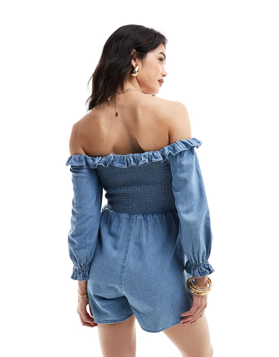 ASOS DESIGN soft denim off shoulder romper with frill detail in mid blue
