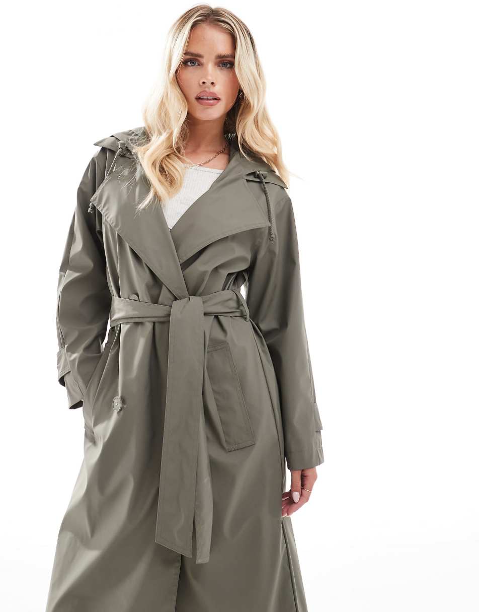 ASOS DESIGN Petite rubberized rain hooded trench coat with belt detail in khaki