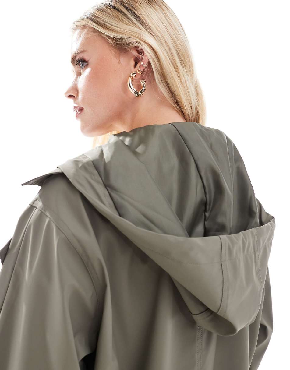 ASOS DESIGN Petite rubberized rain hooded trench coat with belt detail in khaki