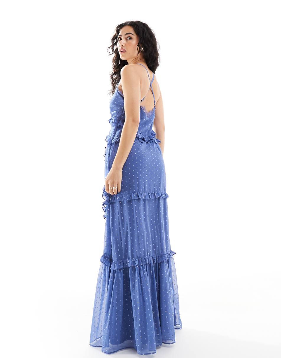 Anaya lace trim ruffle midi dress in blue