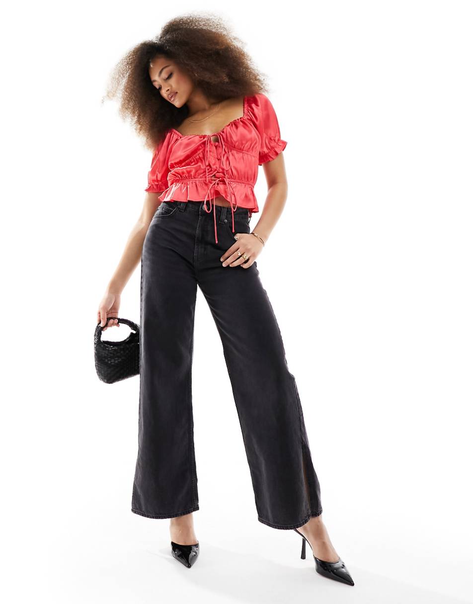 ASOS DESIGN puff sleeve satin top in red