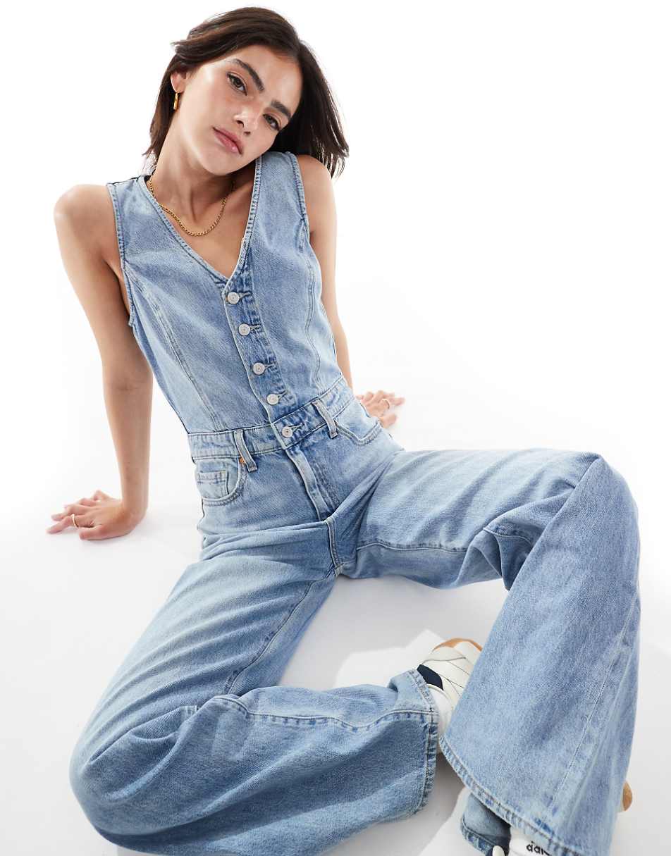 Levi's vest wide leg denim jumpsuit in mid blue