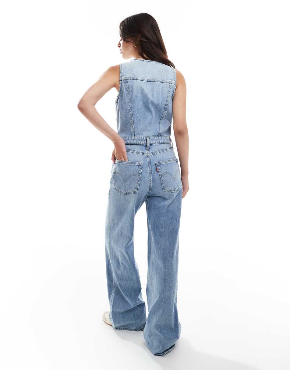 Levi's vest wide leg denim jumpsuit in mid blue