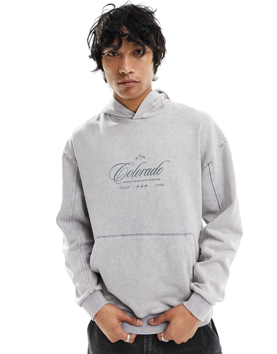 ASOS DESIGN unisex oversized hoodie with front city print in washed gray