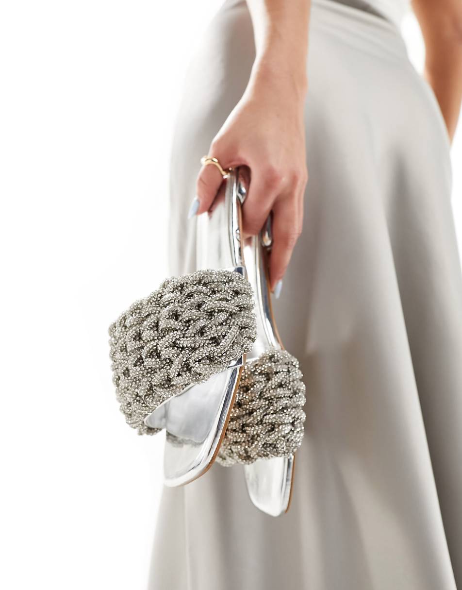 Simmi London Paris super embellished slip on mule sandals in silver metallic