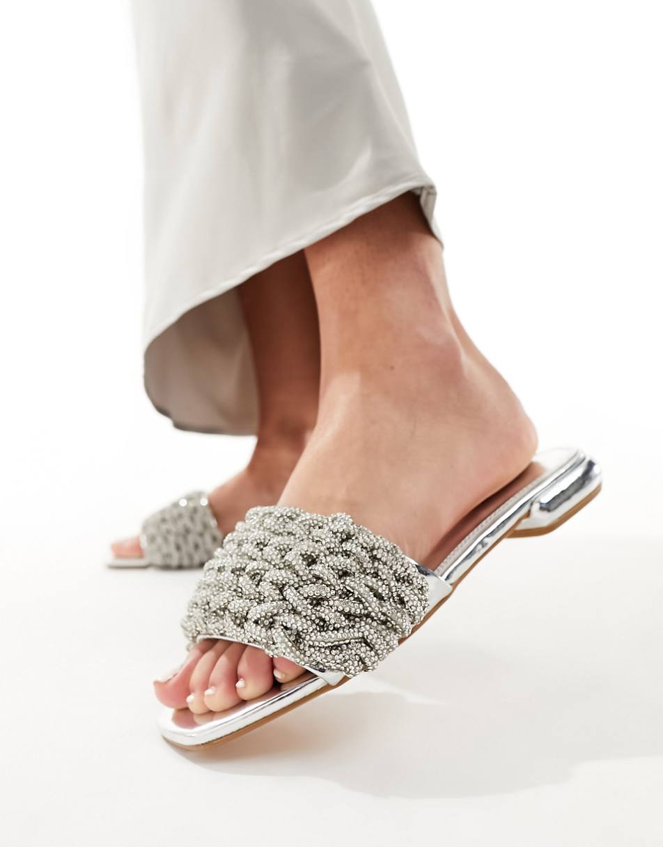 Simmi London Paris super embellished slip on mule sandals in silver metallic