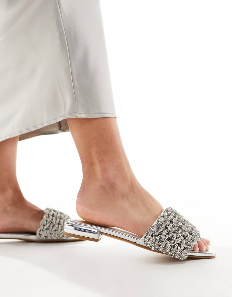 Simmi London Paris super embellished slip on mule sandals in silver metallic