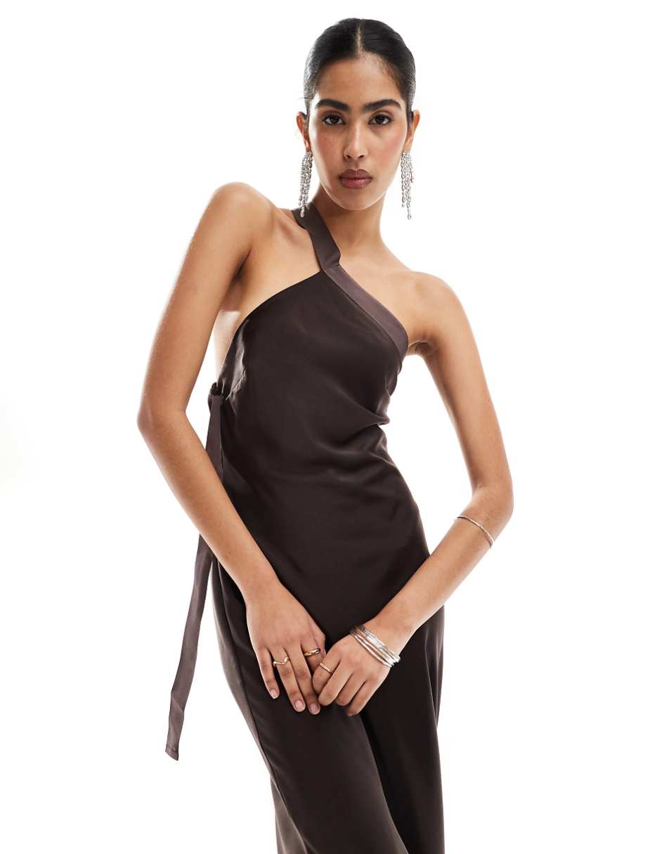 ASOS DESIGN one shoulder maxi dress with grosgrain strap in chocolate brown