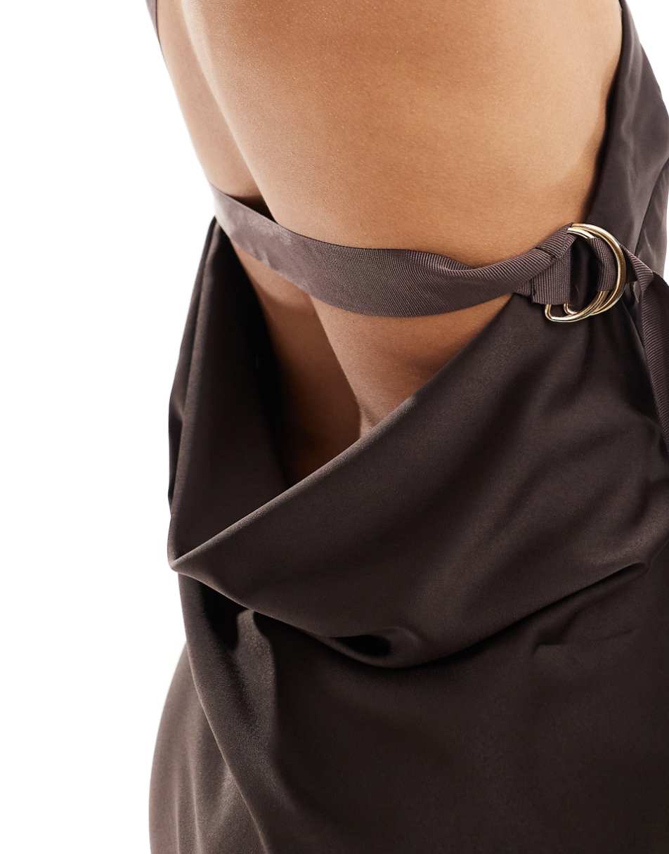ASOS DESIGN one shoulder maxi dress with grosgrain strap in chocolate brown